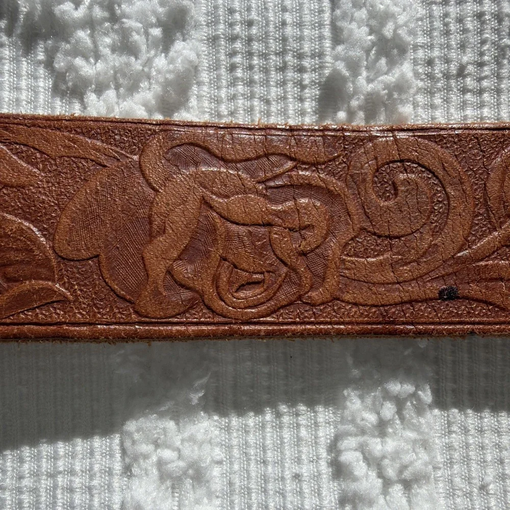 Cowboy Western Belt Boys 26 Brown Leather Excellent Copper Floral Buckle